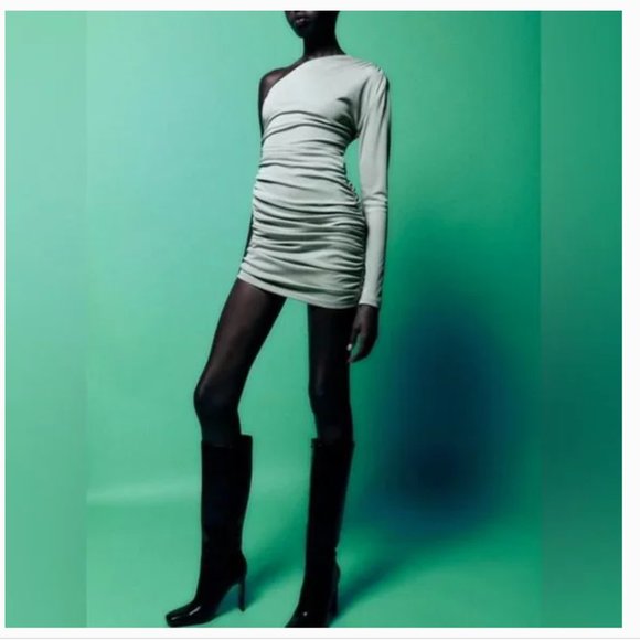 ZARA One Shoulder Asymmetrical Ruched Bodycon Stretch Fully Lined Dress - Picture 6 of 9